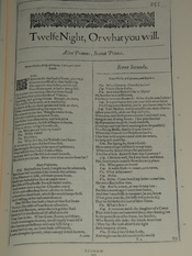 Photo of the first page of Twelfth Night from a facsimile edition of the First Folio of Shakespeare's plays, published in 1623