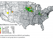 English: Map of US counties that suffered the highest levels of radioactive fallout from two nuclear tests in July 1962