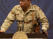 English: , Commander V. Corps, 7th Army, US Army Europe, cropped from U.S. Army Lt. Gen. Sanchez, left, talks while the Honorable Donald H. Rumsfeld, (left) U.S. Secretary of Defense, listens during a press conference in Baghdad, Iraq, on Sept. 6, 2003. (