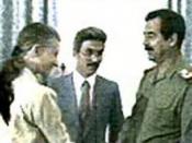 April Glaspie shakes hands with Saddam Hussein