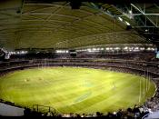 A panoramic view of the interor of Telstra Dome with the roof closed. Taken during a Collingwood vs. Port Adelaide AFL match. By Anthony Agius. Category:Images of buildings and structures in Melbourne