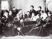 English: A posed photograph of Anton Chekhov reading his play The Seagull to the Moscow Art Theatre company. On Chekhov's right, Konstantin Stanislavski is sat, and next to him, Olga Knipper. Stanislavski's wife, Maria Liliana, is seated to Chekhov's left