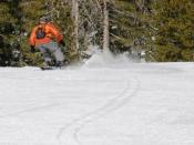 English: Snowboarder riding a Deuce Snowboards DES, with dual S-curve snowboarding tracks.