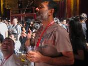 Ravikant asks a question of wikidocumentary director Nic Hill after the showing at the Wikimania party.
