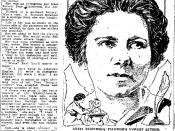 English: Sketch of the author Anzia Yezierska accompanying an article in the Cedar Rapids Evening Gazette, March 5th, 1921.