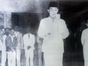 Sukarno, accompanied by Mohammad Hatta, declaring the independence of Indonesia at 10:00 am on Friday, 17 August 1945, at Pegangsaan Timur 56 (now Jalan Proklamasi), Jakarta.