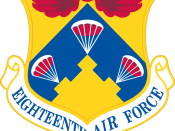 Emblem of the 18th Air Force of the United States Air Force displays a chevron and wings, which are ancient military symbols of strength and protection. There are parachutes on the shield to represent the equipment used by the organization in carrying out