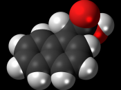 Space-filling model of the 1-naphthaleneacetic acid molecule, a plant hormone in the auxin family. Colour code (click to show) : Black: Carbon, C : White: Hydrogen, H : Red: Oxygen, O