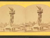 Stereoscopic image of right arm and torch of the Statue of Liberty, 1876 Centennial Exposition