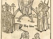 English: German illustration of the three estates (drei stände) of medieval society, standing before Christ in judgment. The pope of the Roman Catholic Church and the emperor of the Holy Roman Empire lead their respective estates, while two peasants repre