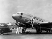 English: A TWA Douglas DC-3 airplane is prepared for takeoff from Columbus, Ohio.