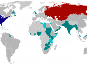 A world map of 1945. According to William T.R. Fox, the United States (blue), the Soviet Union (red), and the British Empire (teal) were superpowers.