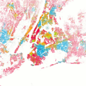 Racial/ethnic self-identification in New York City in the year 2000 (data from Census 2000). Each dot is 25 people. White Black Asian Hispanic Other