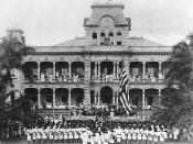 English: Raising American Flag at United States Annexation Ceremony at ʻIolani Palace, Honolulu, Hawaii. The American marines performing the ceremony are from the USS Philadelphia. Collection: Ray Jerome Baker Collection.
