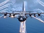 English: An AC-130H gunship from the 16th Special Operations Squadron, , Florida, jettisons flares as an infrared countermeasure during multi-gunship formation egress training on August 24, 2007.