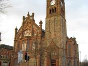 English: (London)Derry Guildhall The Guildhall dates from 1887. The original building, named in honour of the London guilds, cost £19,000 to build and was officially opened in 1890 as the administrative centre of the Londonderry Corporation. Razed to the 