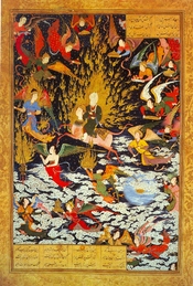 English: Muhammad riding the Buraq; a 16th-century Persian miniature. فارسی: صحنه ای از معراج پیامبر اسلام سوار بر براق نگاره ای از سلطان محمد در قرن 16 میلادی