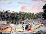 English: A painting by an unknown artist depicts the Battle of Vinegar Hill, where several hundred convicts broke out of Castle Hill prison farm to take on the British redcoats. Photo: National Library of Australia