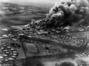 Planes and hangars burning at Wheeler Field during the Japanese attack on Pearl Harbor, 7 December 1941.
