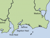 Map showing the location of Baginbun Head where Raymond le Gros landed in 1170 in Ireland. Waterford and Wexford were Norse settlements at that time. The first landing of the Normans took place at Bannow Island in 1169. (This island meanwhile joined the m