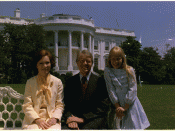 Rosalynn with her husband and daughter Amy on the south lawn in front of the White House, July 24, 1977