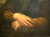 Detail of Lisa's hands, her right hand resting on her left. Leonardo chose this gesture rather than a wedding ring to depict Lisa as a virtuous woman and faithful wife. (Farago 1999, p. 372)