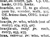 Some words with hwair (Ƕ, ), from Grammar of the Gothic Language (1910) by Jospeh Wright (1855-1930).
