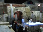 Catholic Mass in the Grotto of the Annunciation where, according to the Roman Catholic tradition, the Annunciation took place, and believed by many Christians to be the remains of the original childhood home of Mary, the mother of Jesus. Location: Church 