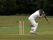 English: A batsman is bowled early in a cricket match between two friendly sides at Kingswood School playing fields, Bath.