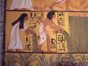 An early Ramesside Period mural painting from Deir el-Medina tomb depicts an Egyptian couple harvesting crops