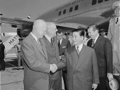 U.S. President Dwight D. Eisenhower and Secretary of State John Foster Dulles (from left) greet South Vietnamese President Ngo Dinh Diem at Washington National Airport. 05/08/1957 ARC Identifier: 542189 Item from Record Group 342: Records of U.S. Air Forc