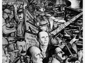 Panel from Diego Rivera's mural at Unity House, depicting class struggle and labor conflict in industry.  Included are representations of the Homestead and Pullman strikes.  Important figures include Daniel De Leon, Eugene Victor Debs, and William Haywood
