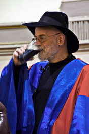 Terry Pratchett enjoying a Guinness at honorary degree ceremony at Trinity College Dublin.