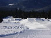 Terrain park at a ski resort showing 3 jumps each with a variety of entries. In the distance is snow-covered Trillium Lake in Oregon.