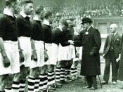 English: King George V visiting meeting Manchester City F.C. players at Hyde Road in 1920. In accordance with section 12 of the UK Copyright, Designs and Patents Act 1988, and because the author of the original work is unknown, copyright expires seventy y