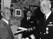 Syngman Rhee awarding a medal to U.S. Navy Rear Admiral Ralph A. Ofstie during the Korean War in 1952