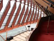English: The foyer of the Opera Theatre in the eastern wing of the Sydney Opera House, showing the internal structure and steel framing of the glass curtain walls, and the views out through the windows onto Sydney Harbour. Sydney, New South Wales, Austral
