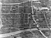Aerial view of the destuction at Hiroshima, Japan, caused by the atomic bomb dropped on the city.