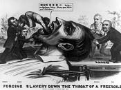 English: Forcing Slavery Down the Throat of a Freesoiler An 1856 cartoon depicts a giant free soiler being held down by James Buchanan and Lewis Cass standing on the Democratic platform marked 