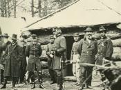 English: Union General George Gordon Meade (center) and staff. This photo is approximately two months before General John Sedgewick (2nd from right in rounded hat) was killed at the Battle of Spotsylvania on May 9, 1864.
