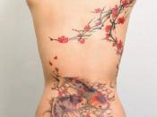 English: Freehand cherry blossoms and koi fish. Design and tattoo by Joey Pang