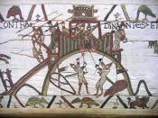 English: Section of the 11th-century Bayeux Tapestry. This part of the 70m tapestry – which depicts the Norman Conquest of England – shows the motte of Château de Dinan with soldiers attempting to burn it down.