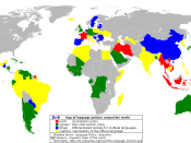 English: Map displaying language policies around the world Red: Assimilation policy Green: Non-intervention policy Blue: Differentiated policies for multiple languages Yellow: Valorisation of the official language