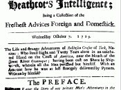 Deutsch: Daniel Defoe, Robinson Crusoe Ausgabe in Heathcot's Intelligence (London, 1719).