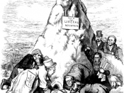 English: Political cartoon showing 1872 Liberal Republicans gathered around a mountain witnessing the birth of its candidate, a mouse labeled 