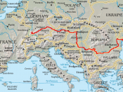 Topography of Europe, with Danube marked red