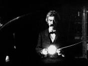 English: Mark Twain (penname of Samuel Langhorne Clemens) in the lab of Nikola Tesla, spring of 1894.