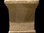 Votive altar for Fortuna Conservatrix, 222-235 A.D. Sandstone. Inscription: M. Aurelius Cocceius, primus pilus of the Legio X Gemina Severiana, with his people, to Fortuna Conservatrix. The vow was redeemed voluntarily, happily and accordingly.