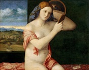 Naked Young Woman in Front of the Mirror, Bellini's first female nude, painted when he was about 85 years old, circa 1515