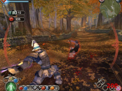 Screenshot of Fable for the PC, showing the Hero fighting a bandit. In the top left of the screen are health and mana meters, and in the top right is a map. Available spells are displayed on the bottom edge of the screen.